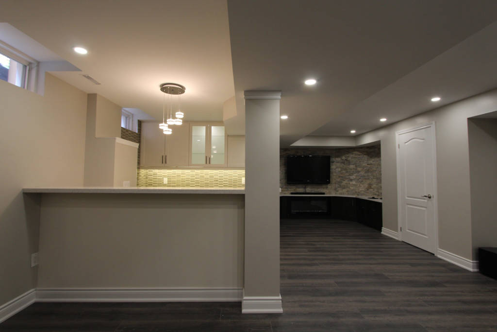 kitchen and family room in open space basement - basement finishing newmarket