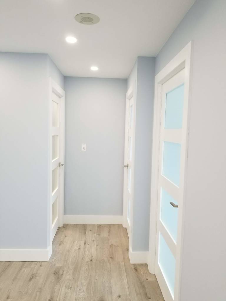 condo apartment hallway with new custom glass doors - condo renovation